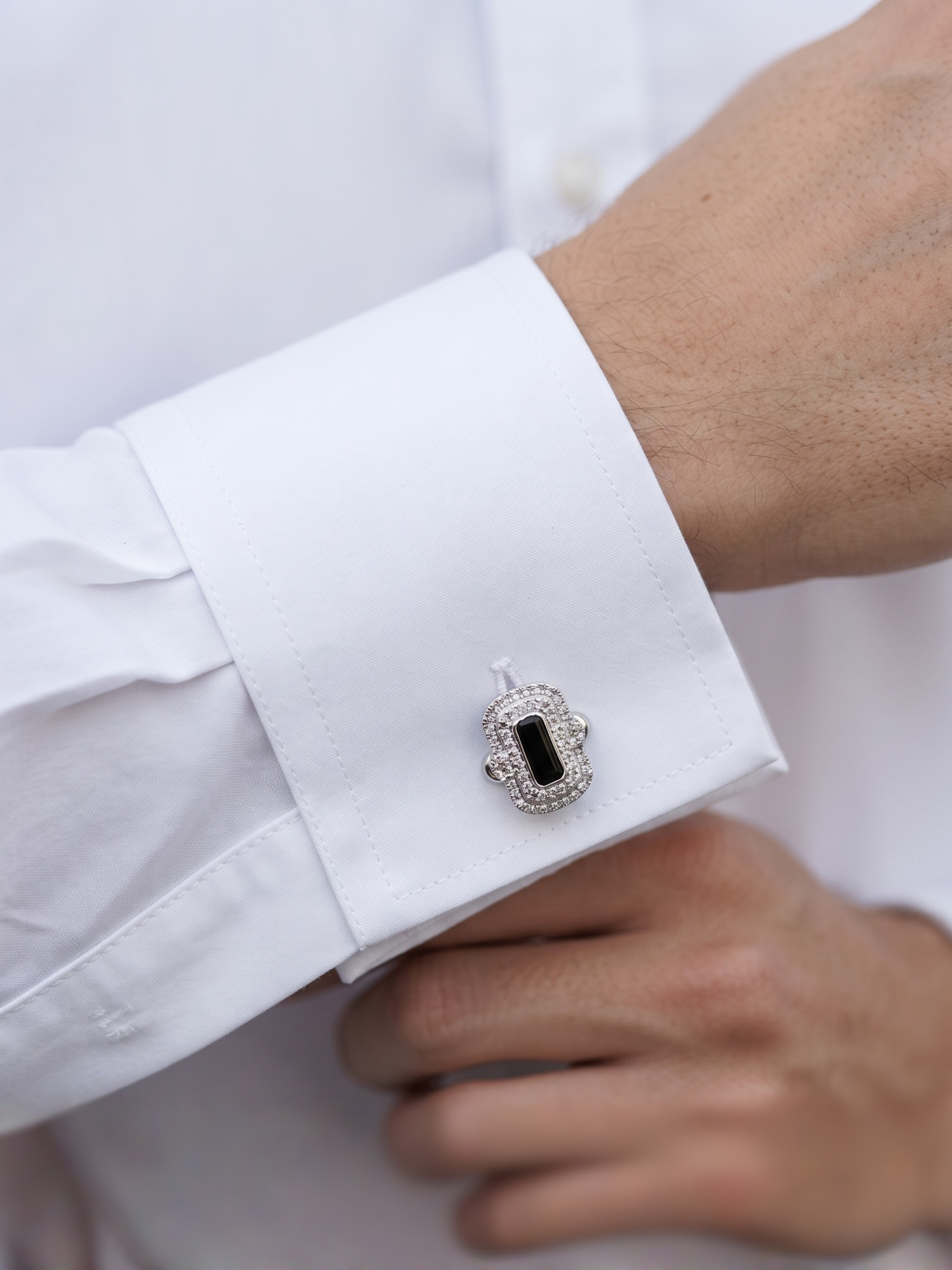 Shvetraag 92.5 Sterling Silver Black Onyx Halo Cufflinks for Men