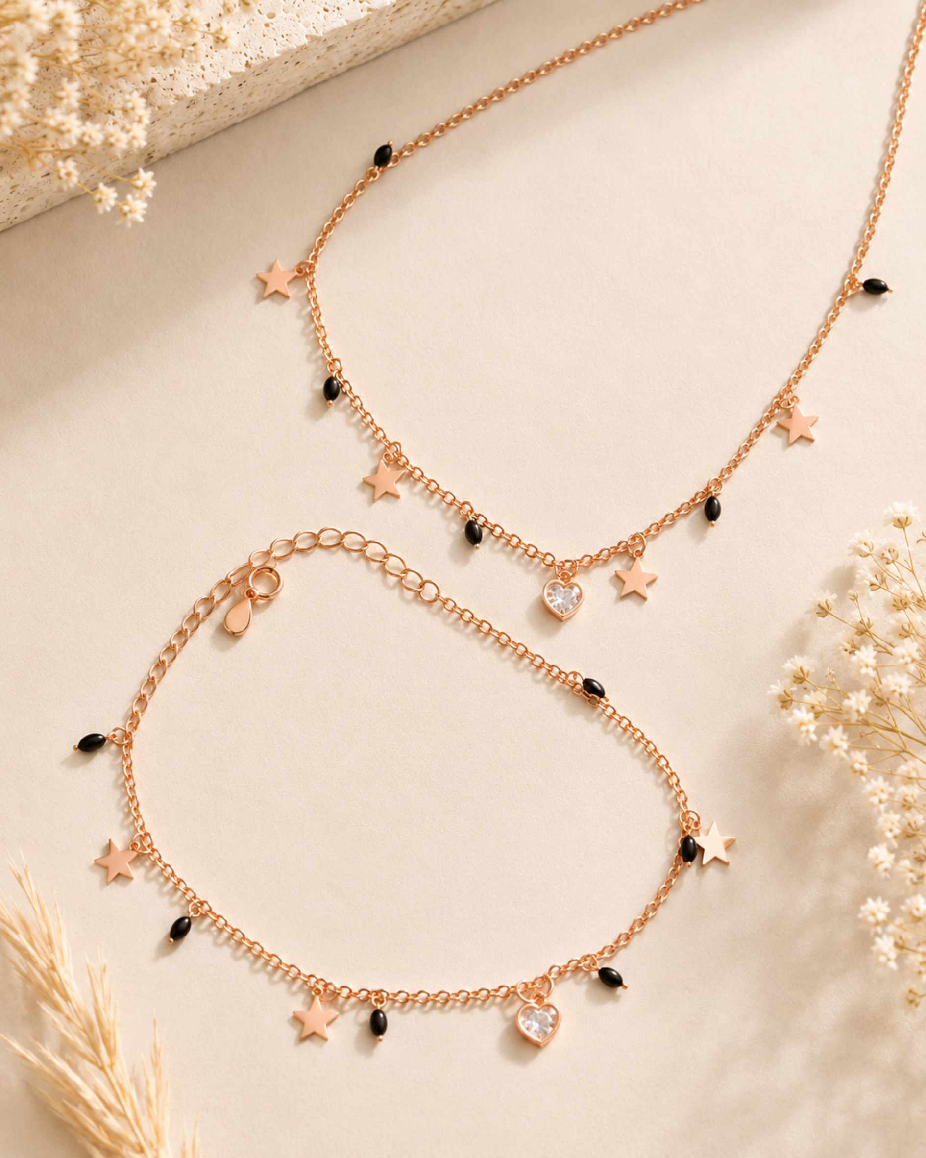 Shvetraag 92.5 Sterling Silver Rose Gold Star & Heart Charm Anklet Pair for Women