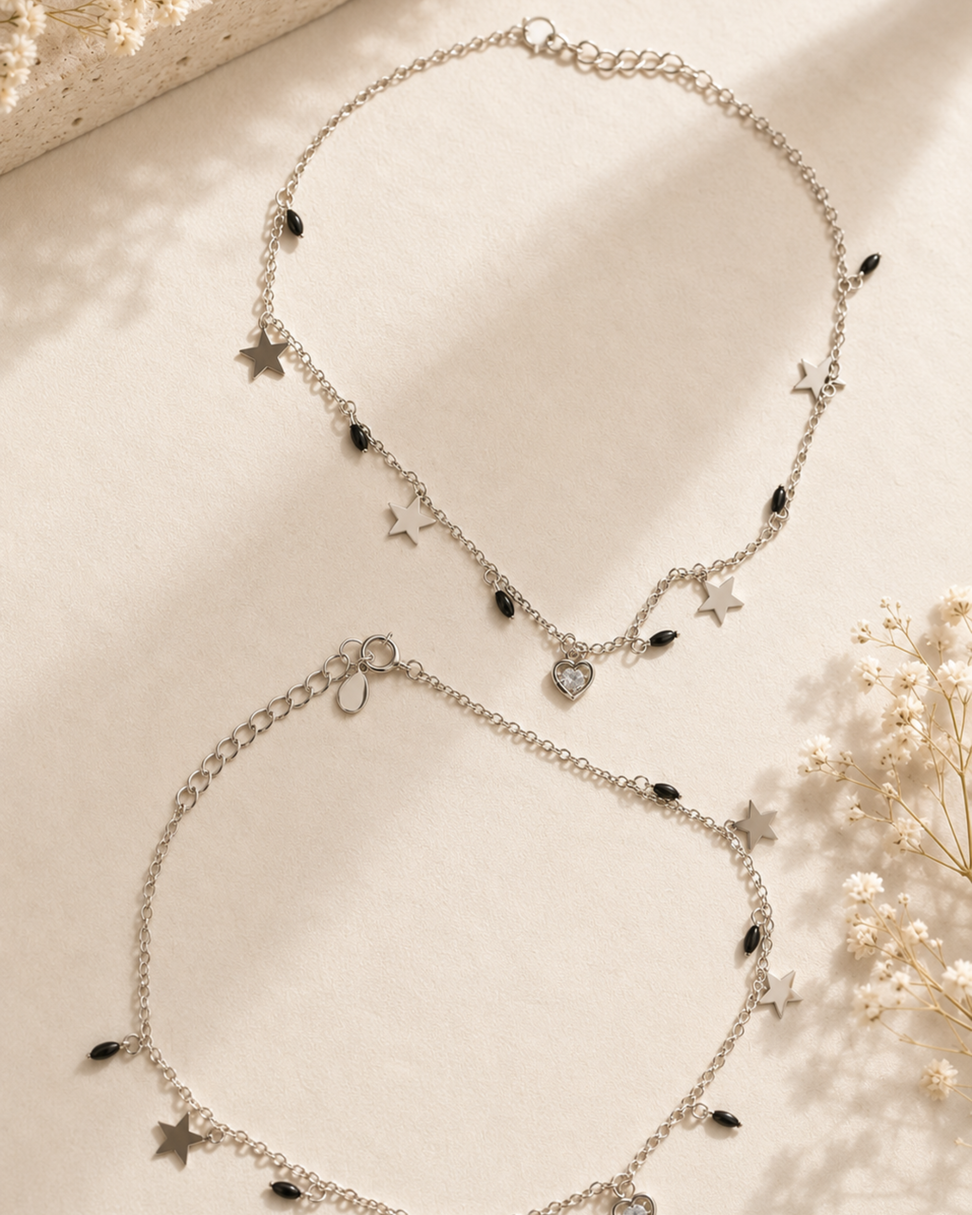 Shvetraag 92.5 Sterling Silver Star & Heart Charm Anklet for Women