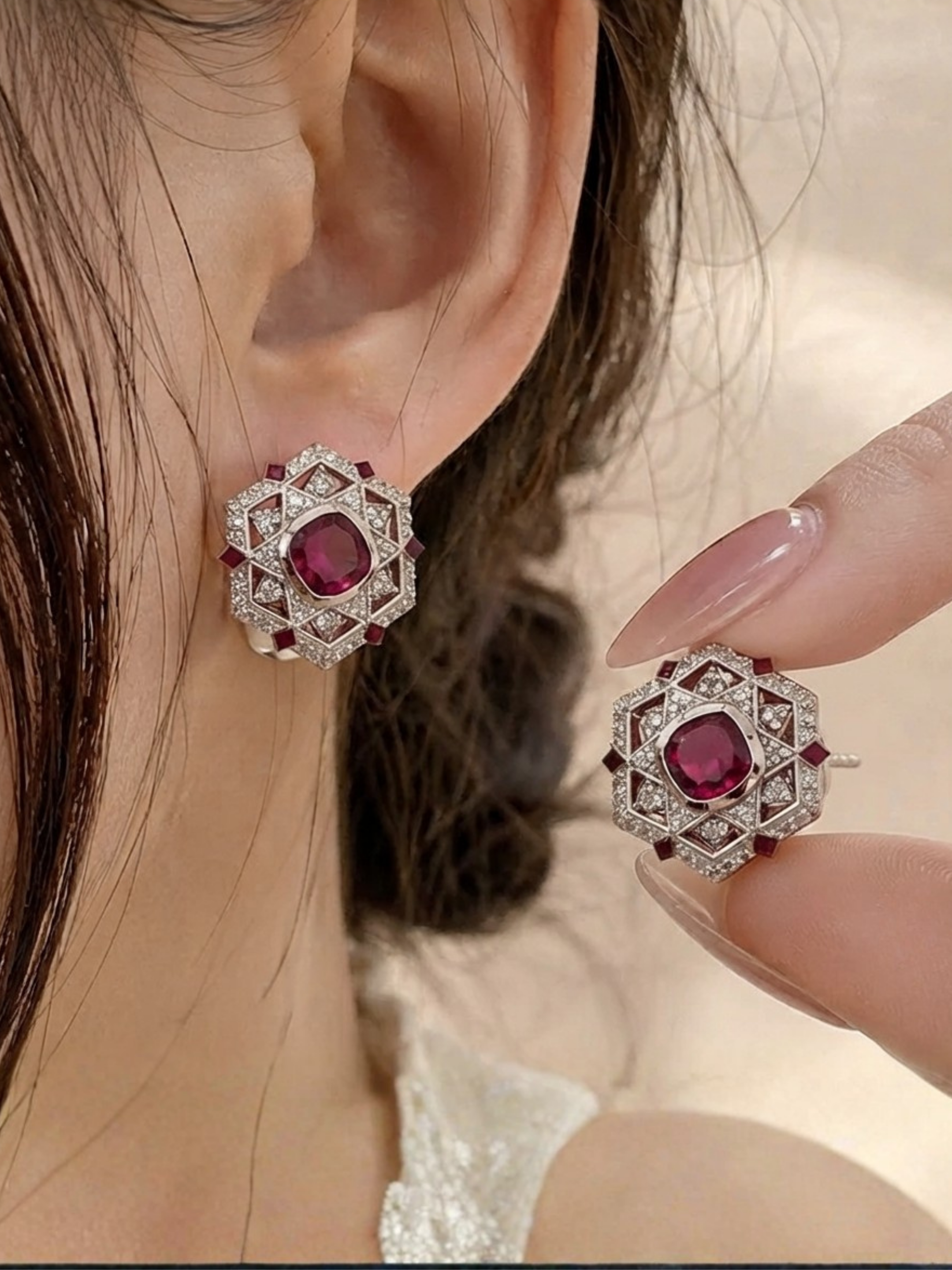 Shvetraag 92.5 Sterling Silver Ruby CZ Geometric Stud Earrings for Women
