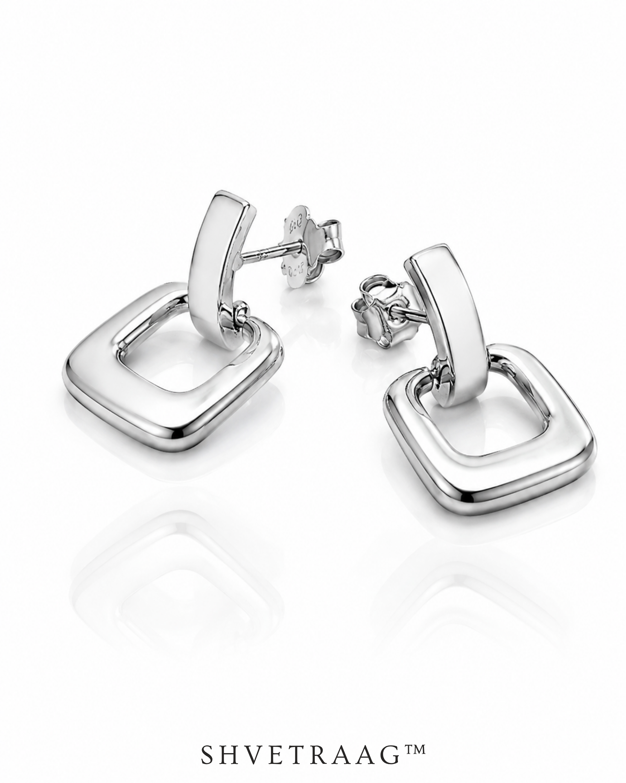 Luna Square Drop Silver Stud Earrings