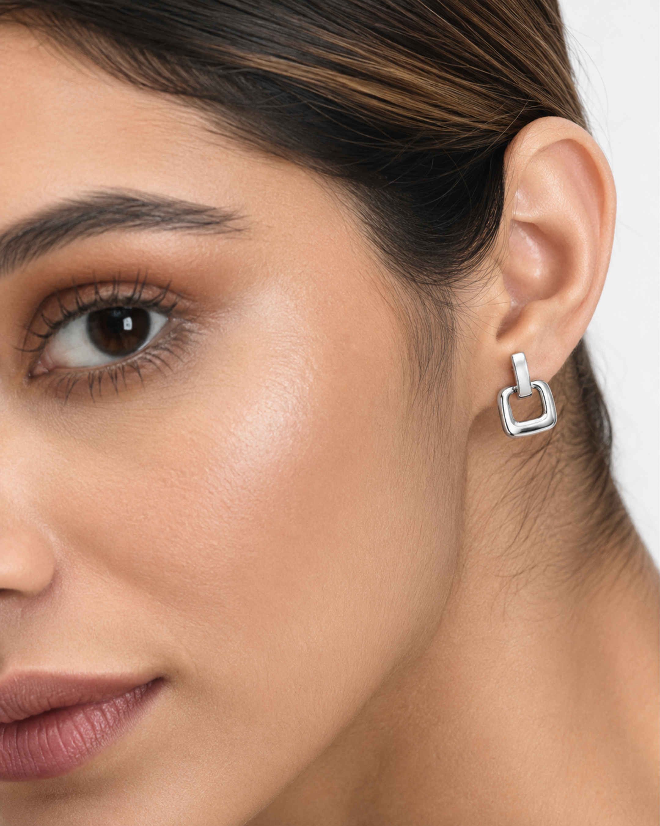 Luna Square Drop Silver Stud Earrings