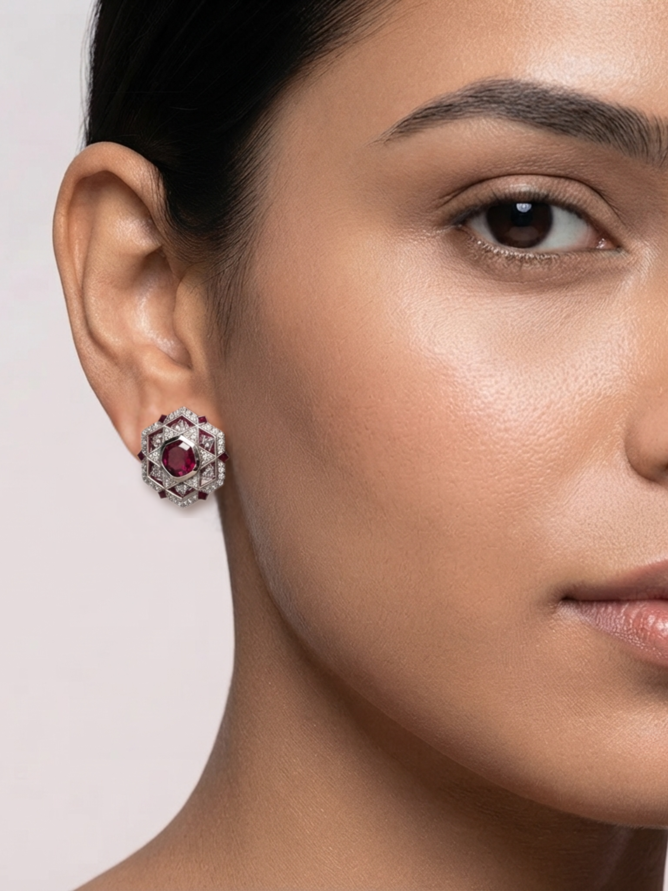 Shvetraag 92.5 Sterling Silver Ruby CZ Geometric Stud Earrings for Women
