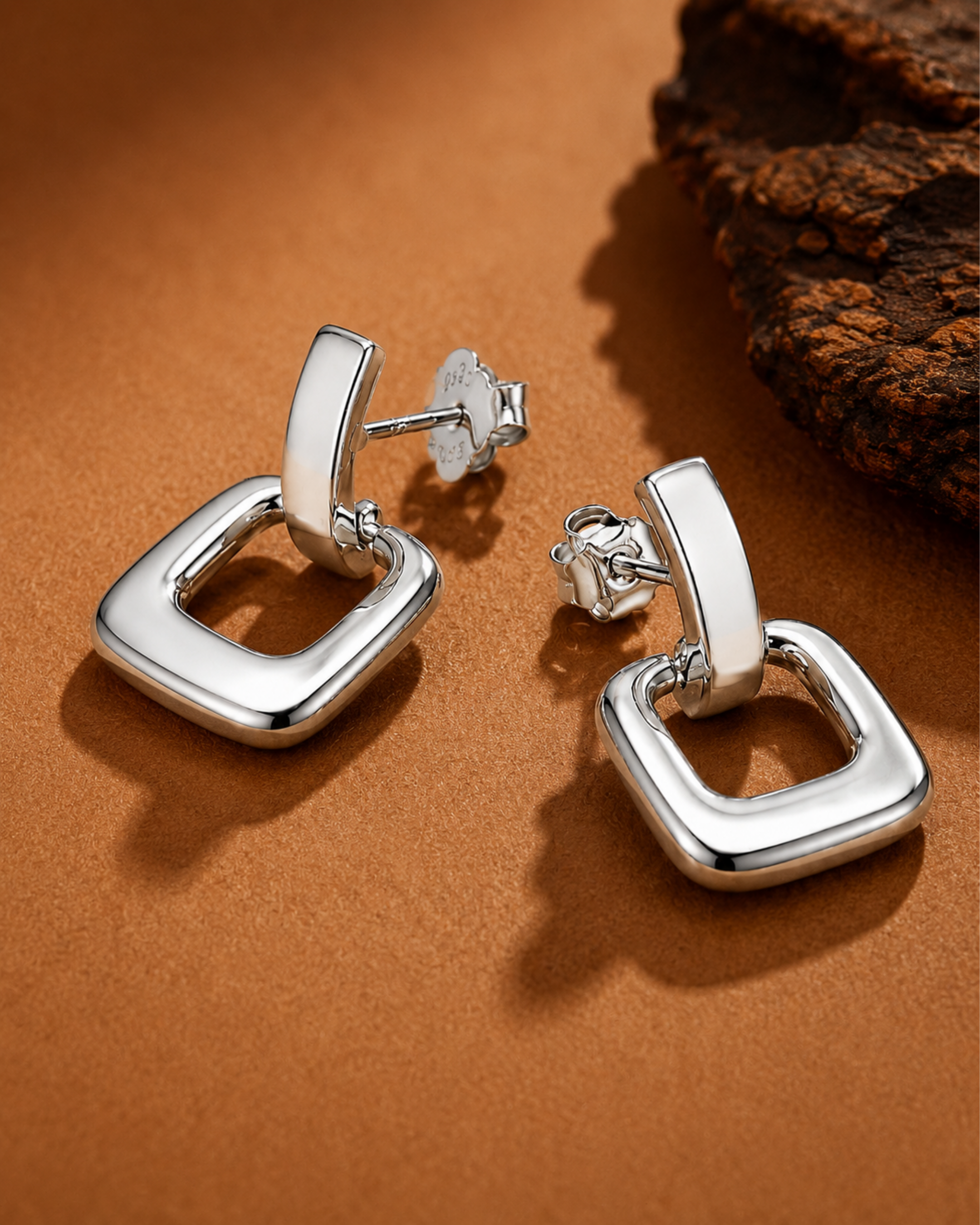 Luna Square Drop Silver Stud Earrings