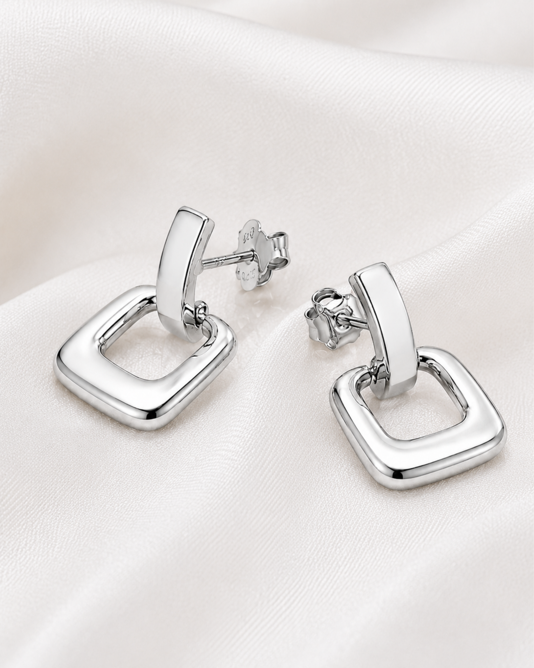 Luna Square Drop Silver Stud Earrings