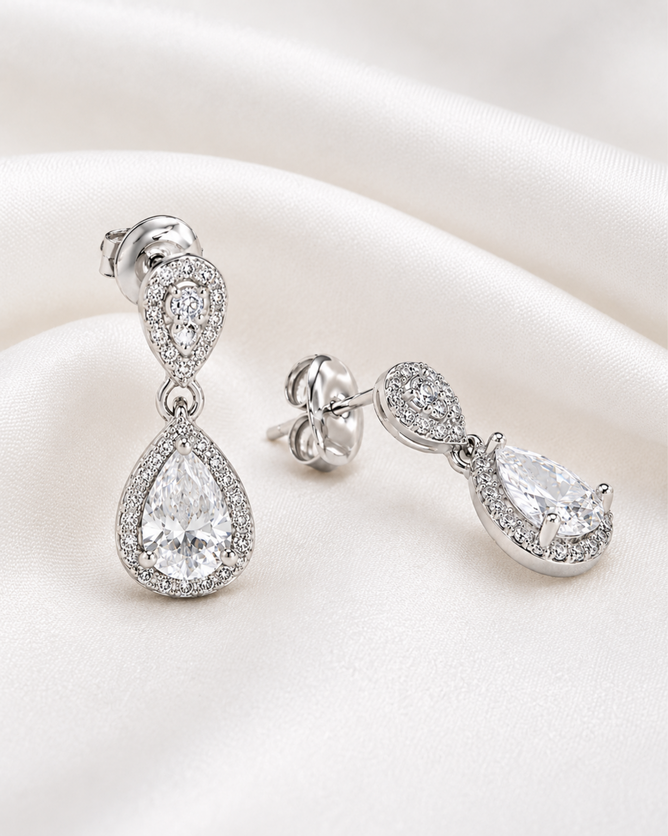 Celestia Teardrop Halo Silver Drop Earrings