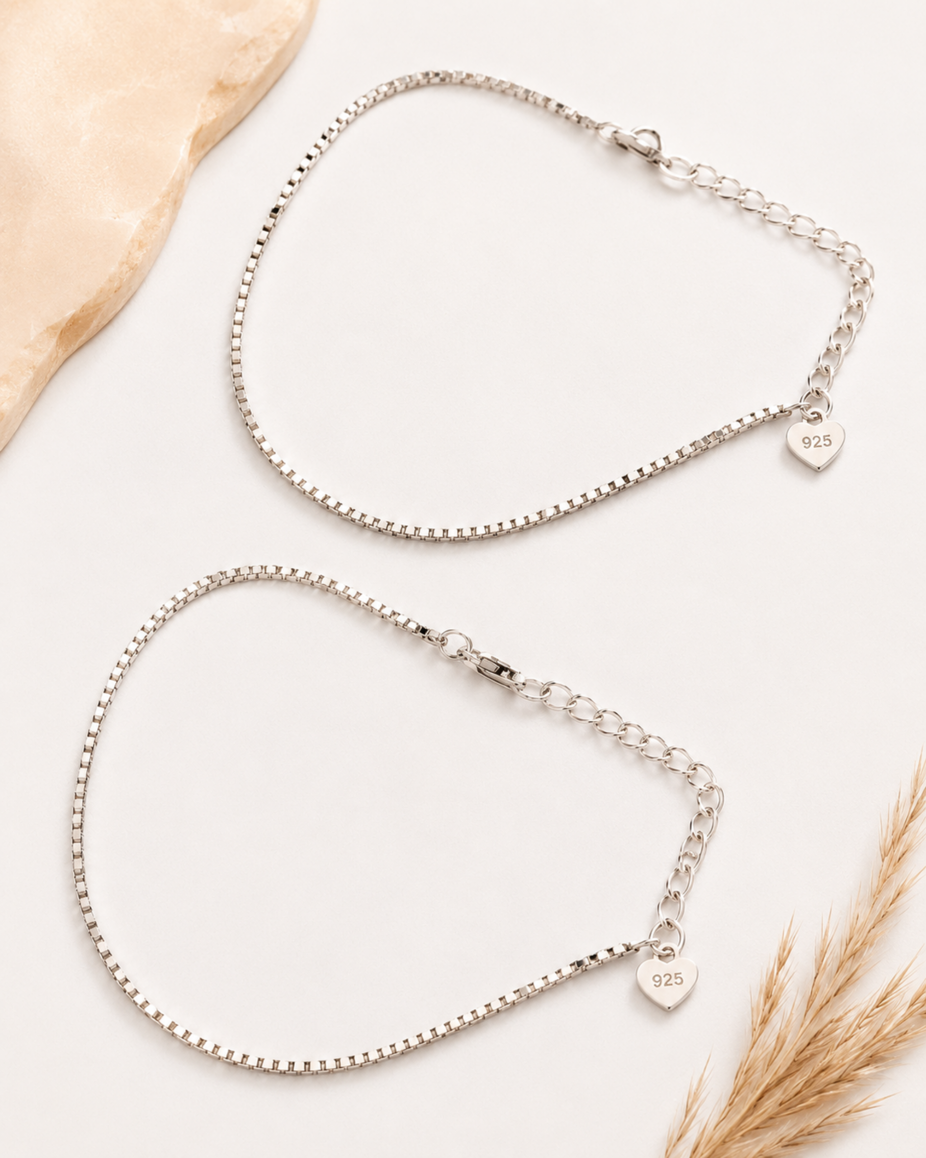 Shvetraag 92.5 Sterling Silver Box Chain Anklet Pair for Women