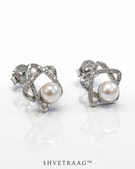 Celeste Pearl Orbit Silver Stud Earrings