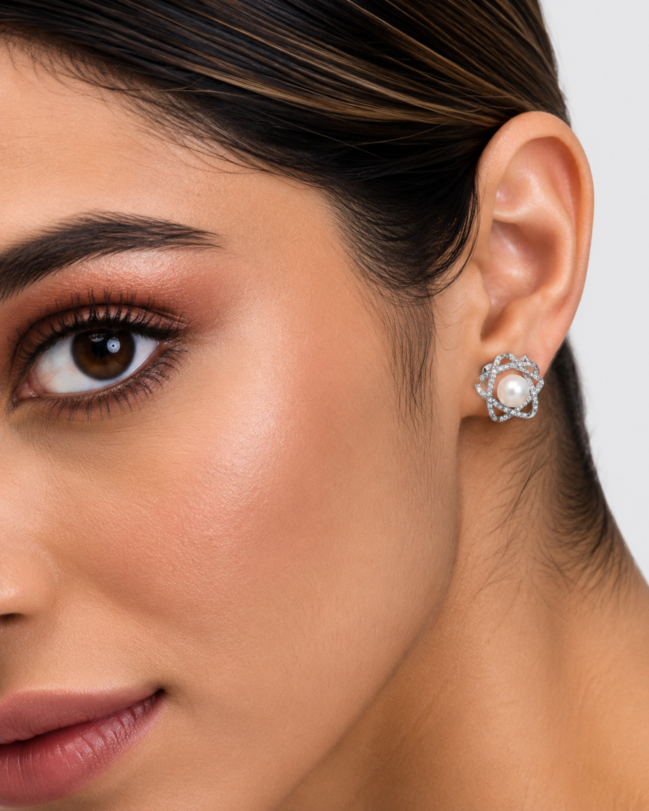 Celeste Pearl Orbit Silver Stud Earrings