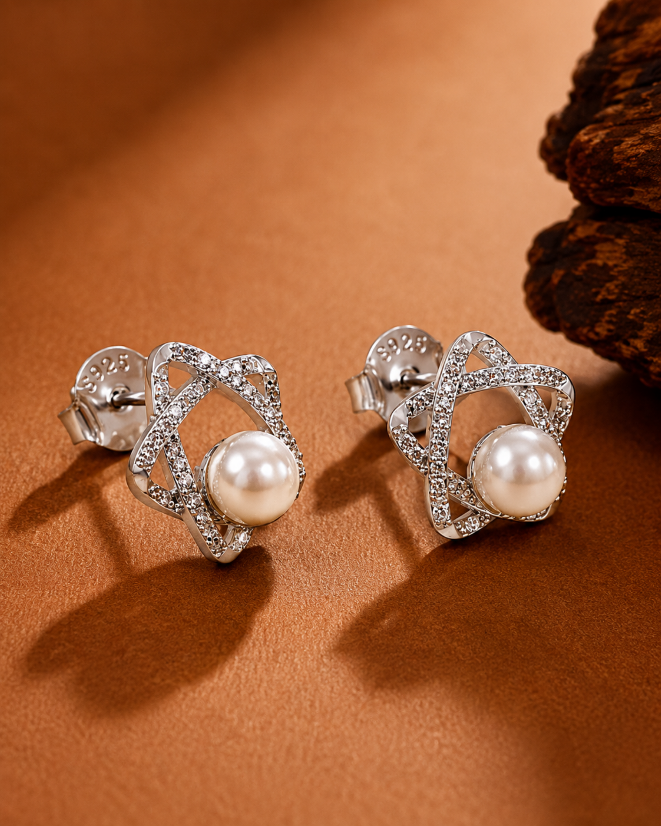 Celeste Pearl Orbit Silver Stud Earrings