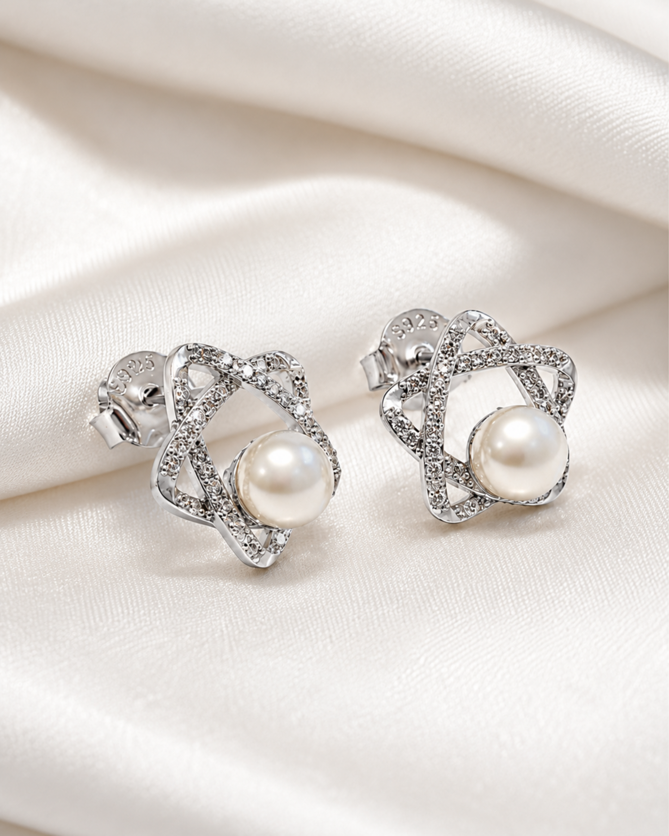 Celeste Pearl Orbit Silver Stud Earrings
