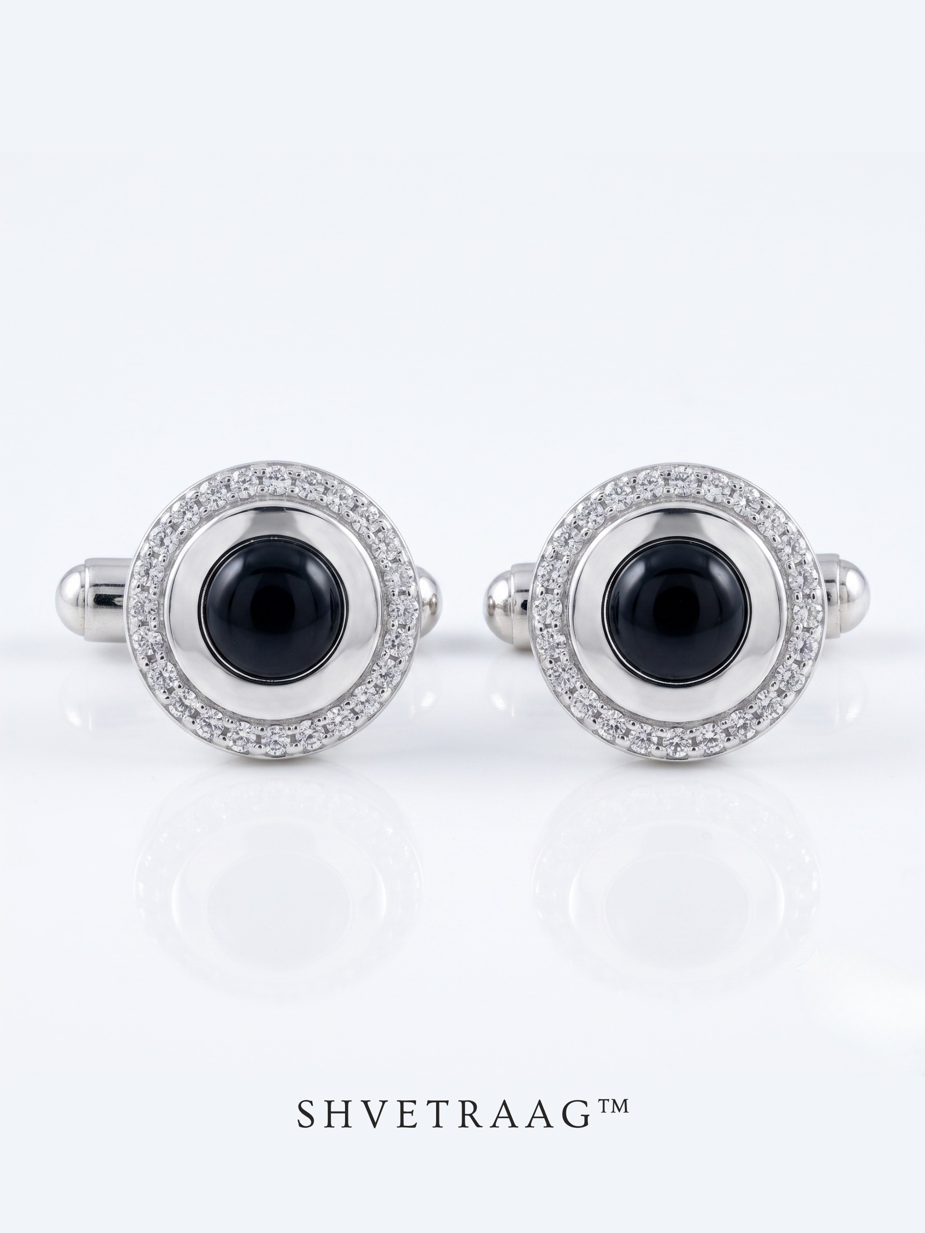 Shvetraag 92.5 Sterling Silver Black Onyx Round Halo Cufflinks for Men