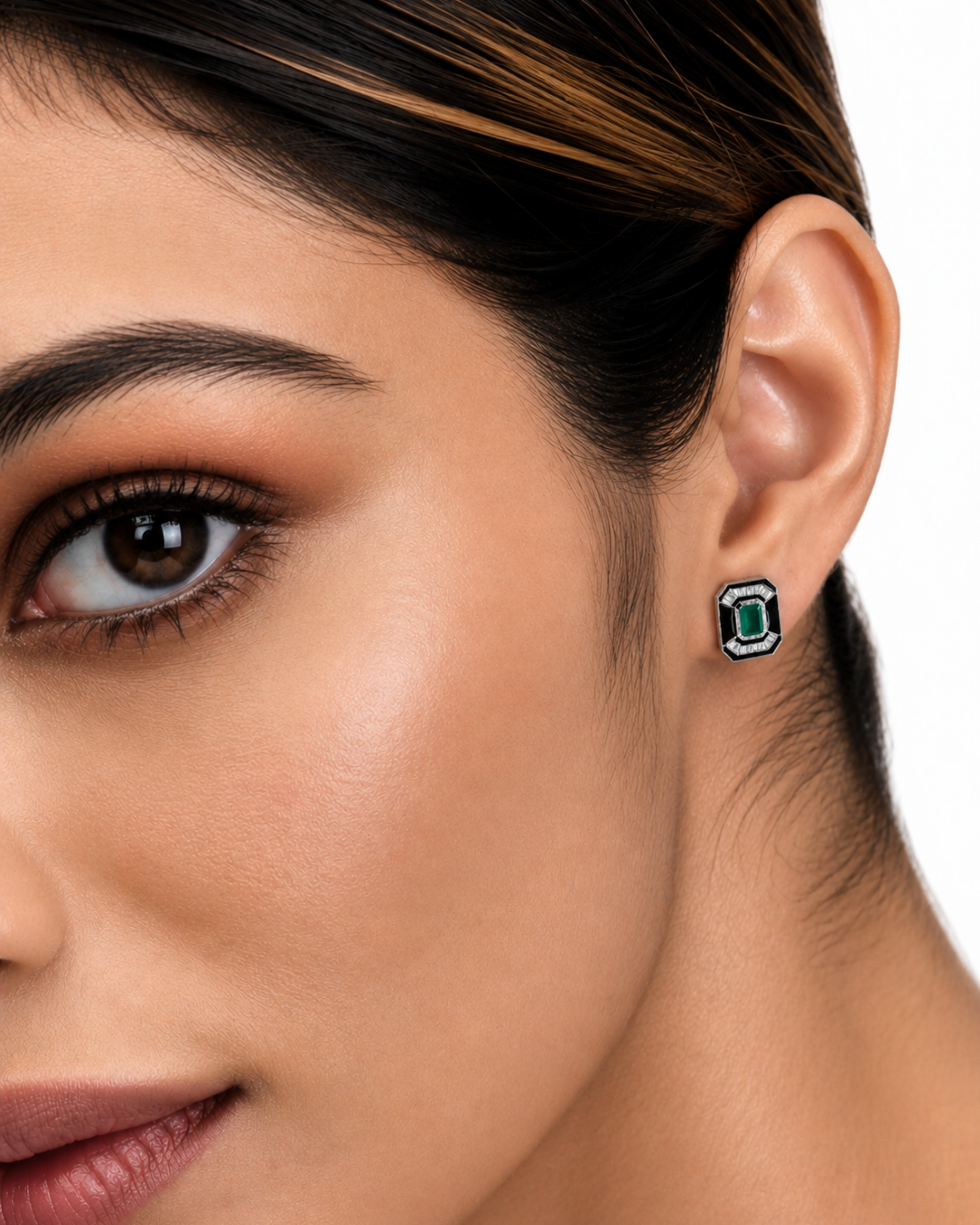 Emerald Noir Silver Statement Stud Earrings