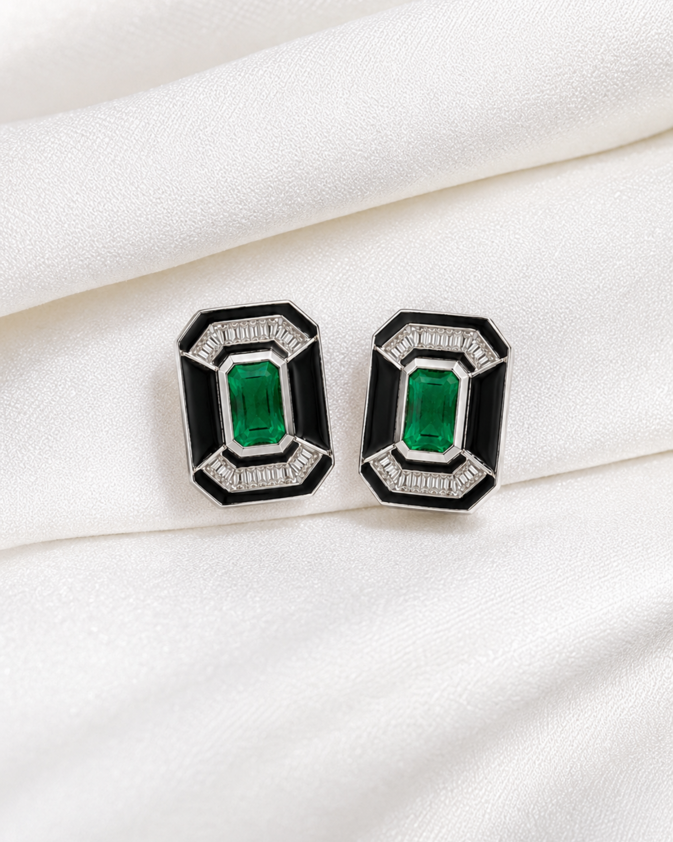 Emerald Noir Silver Statement Stud Earrings