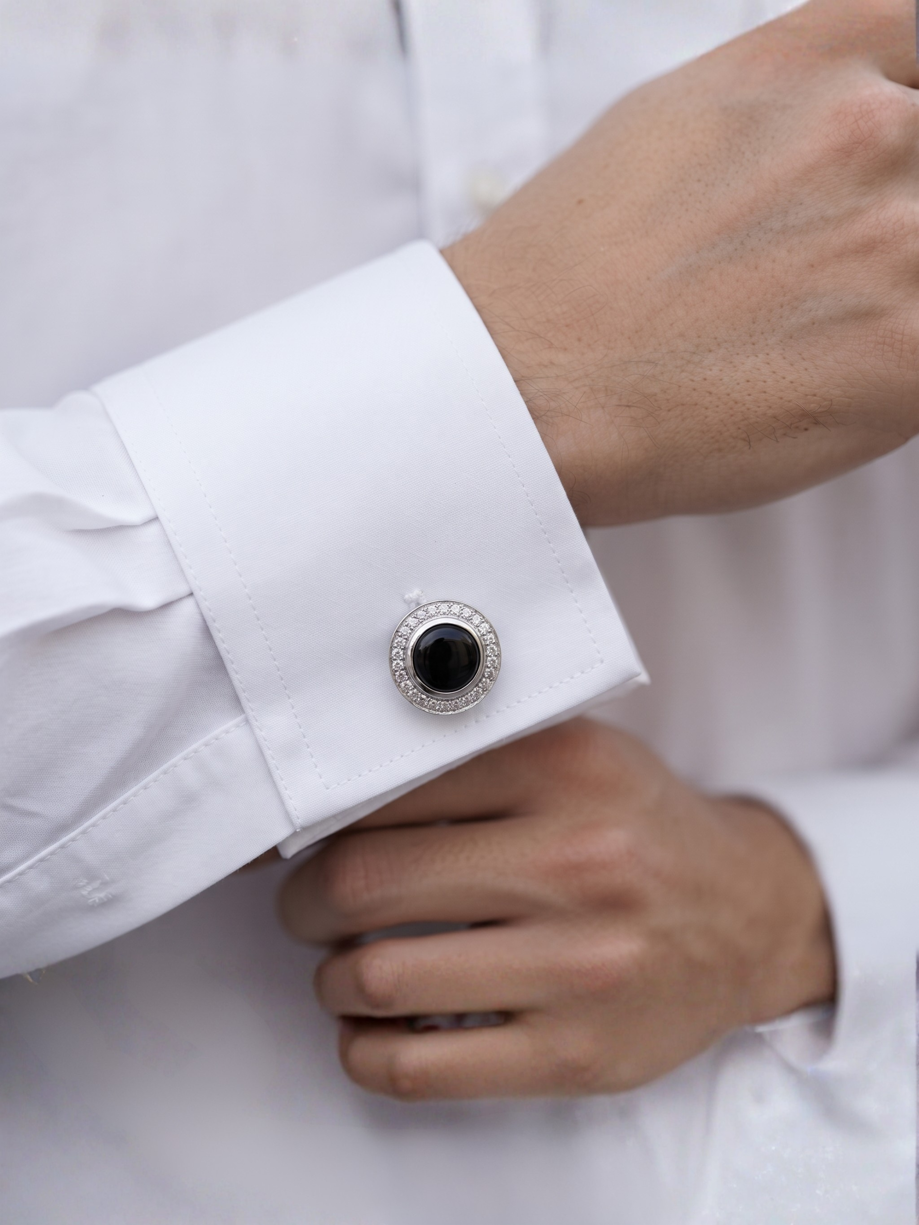 Shvetraag 92.5 Sterling Silver Black Onyx Round Halo Cufflinks for Men