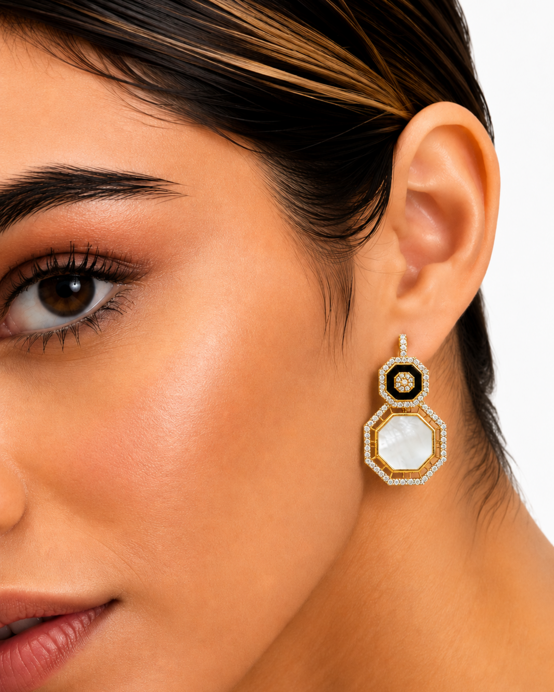 Regal Noir Pearl Hexagon Drop Earrings