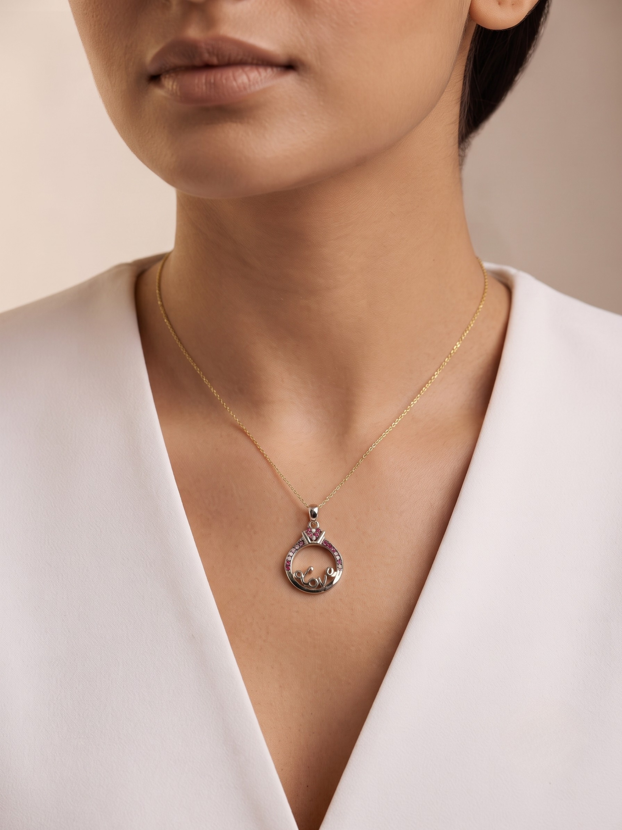 Love Ring Pink Crystal Pendant Charm