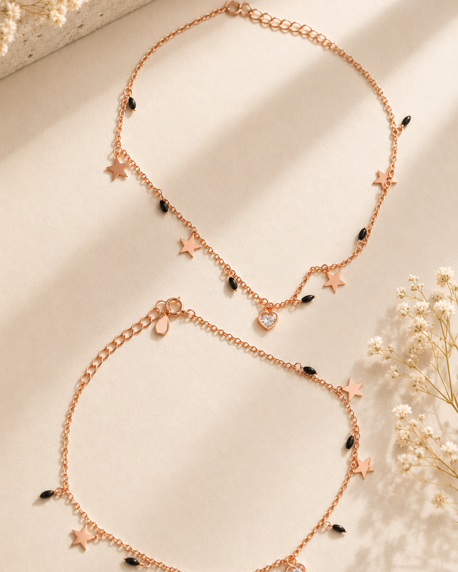 Shvetraag 92.5 Sterling Silver Rose Gold Star & Heart Charm Anklet Pair for Women
